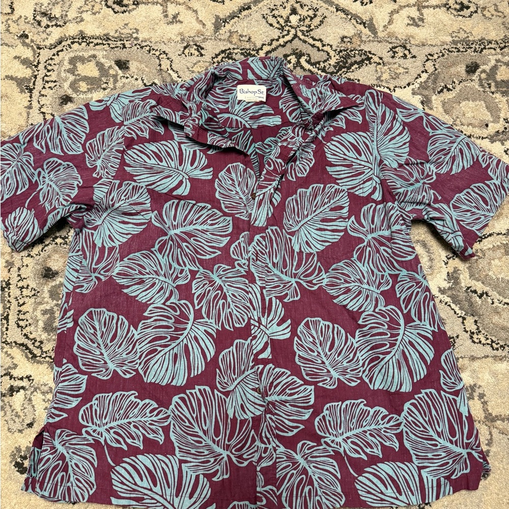 bishop + young Burgundy Camp Shirt with Light Blue Leaf Print